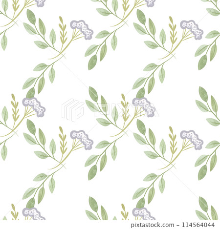 White oregano and soft green branches with leaves. Seamless watercolor pattern for fabric, wallpaper, wrapping paper, packaging cosmetics, tablecloths, curtains and home textiles. 114564044