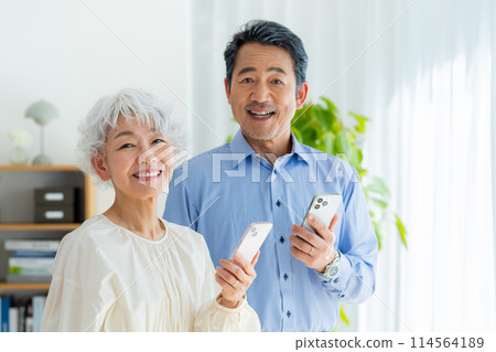Senior couple looking at a smartphone in the living room 114564189