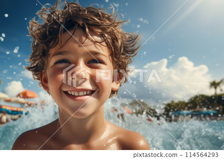 happy little boy in the pool at the aquapark on resort 114564293