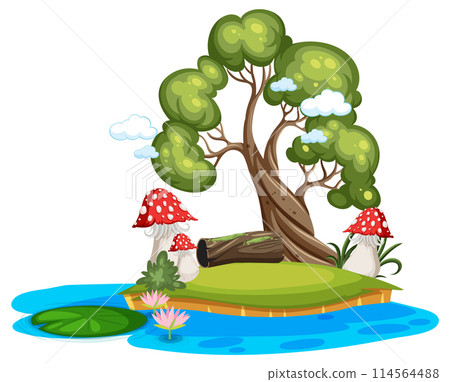 Serene Pond with Tree and Mushrooms 114564488