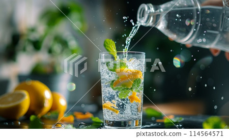 Pouring refreshing water over ice, lemon slices, and mint leaves in a glass Pouring refreshing water over ice, lemon slices, and mint leaves in a glass 114564571