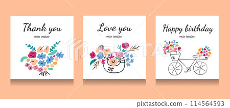 Greeting cards with flowers composition, square templates with copy space, vector arrangement with flower basket, floral bouquet, valentine or birthday card set, gift for womens day, mothers day Greeting cards with flowers composition, square templates with copy space, vector arrangement with flower basket, floral bouquet, valentine or birthday card set, gift for womens day, mothers day 114564593