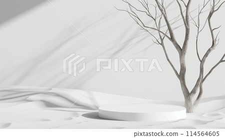 Empty display with bare twig on white surface, resembling white desert landscape 114564605
