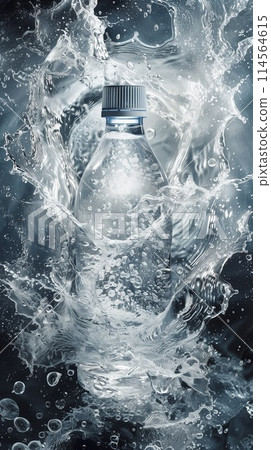 Liquid splashes around the bottle of water creating a freezing pattern 114564615