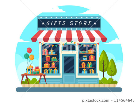 Gifts Store Vector Illustration of Wrapped Gift Box with Ribbon and Confetti to Surprise your Friends in Flat Cartoon Background Design 114564643