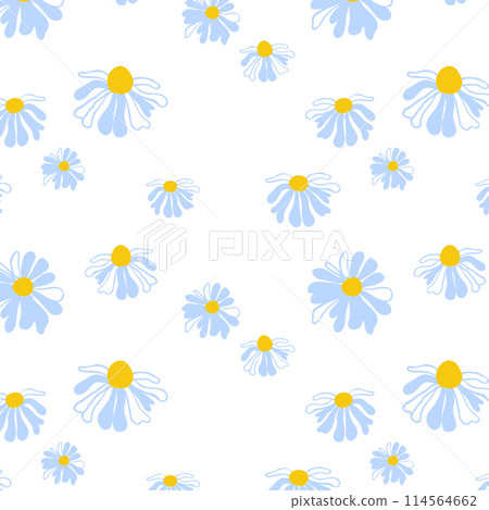 Spring background meadow daisies White seamless Summer pattern Blooming wildflower lush foliage ornament wrapping fabric wallpaper textile mosaic 114564662