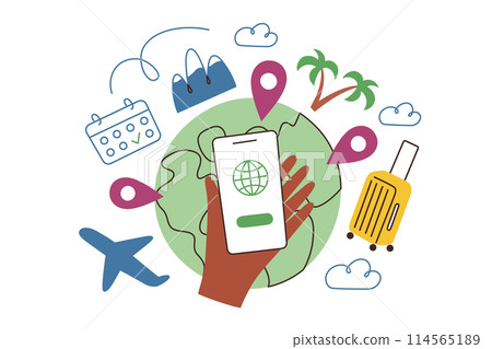 Planning travel composition, globe with location icons, hand with smartphone, vector illustration of mobile app for tourists, website for travelers, organizing vacation, suitcase, calendar doodles Planning travel composition, globe with location icons, hand with smartphone, vector illustration of mobile app for tourists, website for travelers, organizing vacation, suitcase, calendar doodles 114565189