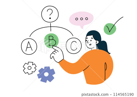 Student passing test, choosing right answer, girl during final exam, education composition, question doodle icon, vector illustration of studying, learning process, character in school, college Student passing test, choosing right answer, girl during final exam, education composition, question doodle icon, vector illustration of studying, learning process, character in school, college 114565190