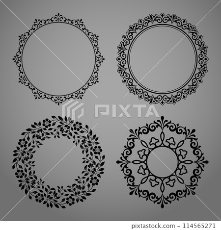Set of decorative frames Elegant vector element for design in Eastern style, place for text. Floral black and gray borders. Lace illustration for invitations and greeting cards 114565271