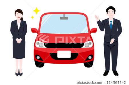 男性店員和女性接待員銷售新車的汽車經銷商插畫素材 114565342