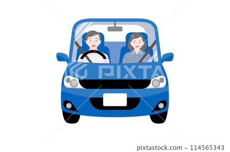 一對年長夫婦微笑著駕駛藍色汽車的插圖 一對年長夫婦微笑著駕駛藍色汽車的插圖 114565343