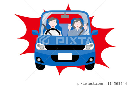 一對老年夫婦駕駛的藍色汽車造成危險駕駛並發生事故的插圖_危險老年駕駛形象 114565344