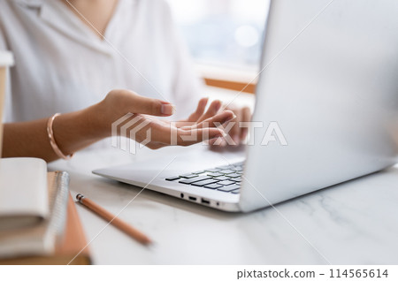 A cropped image of a woman having an online meeting or online interview via her computer indoors. 114565614