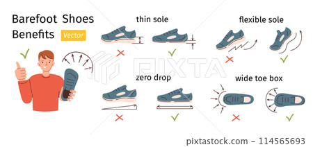 Barefoot shoes benefits, man showing shoe, thumb up, vector icons for footwear business, vector arrangement with regular and minimalist shoes, advantages of thin flexible sole, zero drop, wide toe box 114565693