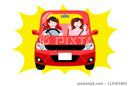 Illustration of a surprised and surprised couple driving a car, depicting the danger and accident caused by sudden braking_Front view 114565905