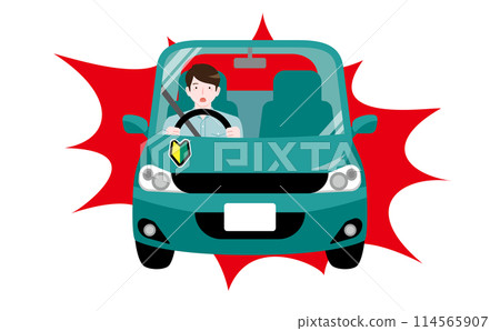Illustration of a male driver driving a car alone with a beginner's mark on, surprised by sudden braking_Danger/accident 114565907