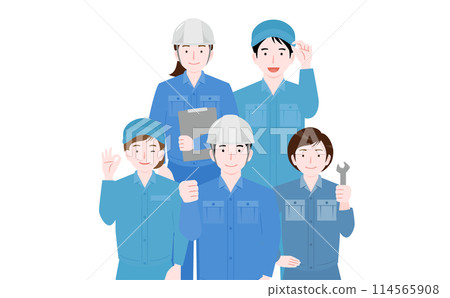 Full-body illustration of multiple men and women of workers and staff wearing helmets, hats and work clothes lined up in two rows_5 people 114565908