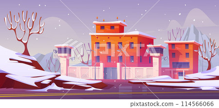 Prison building exterior with tower and fence 114566066