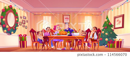 Family at Christmas festive table in home interior 114566070