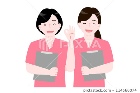 兩位女護士拿著病歷、穿著手術服、微笑、擺好姿勢的插畫_醫療工作 兩位女護士拿著病歷、穿著手術服、微笑、擺好姿勢的插畫_醫療工作 114566074