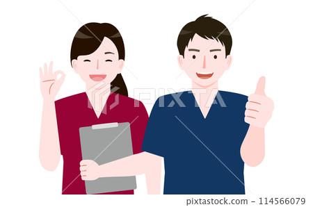 Illustration of smiling young men and women in medical professions such as doctors and nurses wearing scrubs_OK/Good Illustration of smiling young men and women in medical professions such as doctors and nurses wearing scrubs_OK/Good 114566079