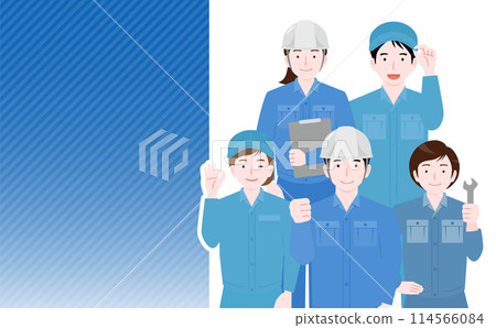 Full-body illustration of multiple men and women workers and staff wearing helmets, hats and work clothes lined up in two rows 114566084