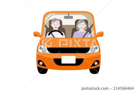一對年長夫婦微笑著駕駛橙色汽車的插圖 114566464