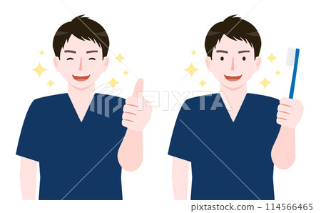 牙醫拿著牙刷並給出有關微笑刷牙、植牙、美白等的說明的圖像插圖。 牙醫拿著牙刷並給出有關微笑刷牙、植牙、美白等的說明的圖像插圖。 114566465