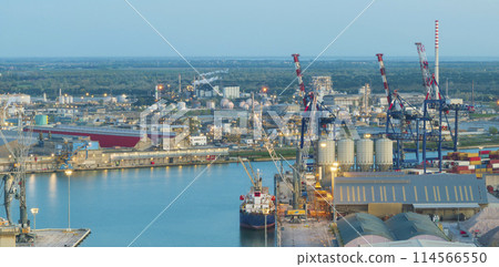 Aerial view close up of the industrial and port area of Ravenna at night Aerial view close up of the industrial and port area of Ravenna at night 114566550