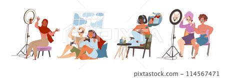 People Character Using Different Gadget and Mobile Device Vector Set 114567471