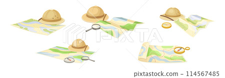 Expedition Map Depicting Geography and Route of Tourist Journey Vector Set Expedition Map Depicting Geography and Route of Tourist Journey Vector Set 114567485