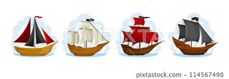 Pirate Ships with Black and Red Sails Vector Set 114567498
