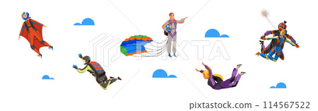 People Character with Parachute Skydiving Floating in Sky Vector Set 114567522