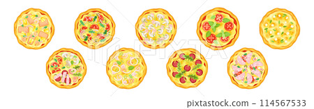 Tasty Pizza Whole and Round with Topping Vector Set 114567533
