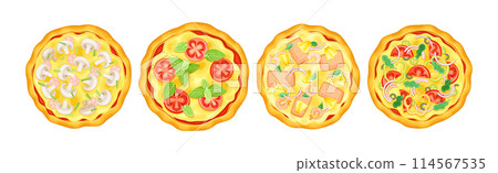 Tasty Pizza Whole and Round with Topping Vector Set Tasty Pizza Whole and Round with Topping Vector Set 114567535