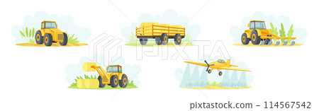 Agricultural and Farming Machinery and Equipment on Field Vector Set Agricultural and Farming Machinery and Equipment on Field Vector Set 114567542
