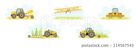 Agricultural and Farming Machinery and Equipment on Field Vector Set Agricultural and Farming Machinery and Equipment on Field Vector Set 114567543