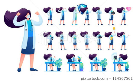 Set of Woman doctor. Presentation in various in various poses and actions. 2D Flat character vector illustration N3 114567561