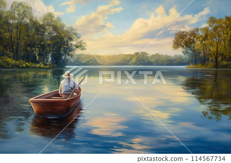 Person in a hat paddles a canoe on a calm river with reflections of sunset and trees 114567734