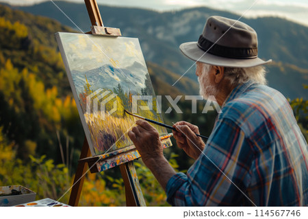 Elderly man in a hat paints a scenic mountain view on his canvas amidst nature 114567746