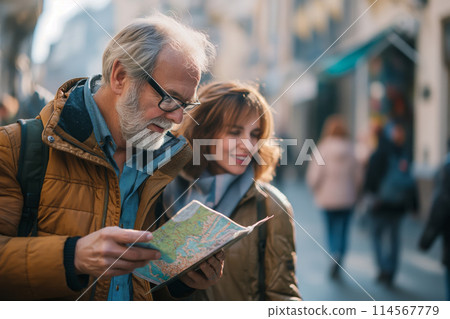 Smiling elder couple enjoying an urban adventure, navigating with a paper map Smiling elder couple enjoying an urban adventure, navigating with a paper map 114567779
