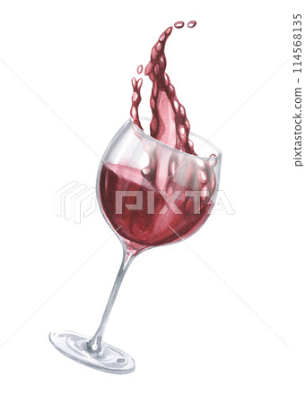 Hand drawn watercolor sketch of wine glasses with red stains and grape berries. Illustration for food and drink background or package label. For menu, design, packaging, restaurant, cafe 114568135