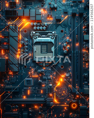 Electronic circuit, cyberspace, neon, near future, CPU 114568207