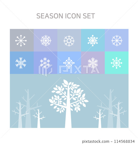 Vector illustration of winter icons for winter, snowflakes, snow crystals, forests, snow, winter trees, tree branches, leaves. 114568834