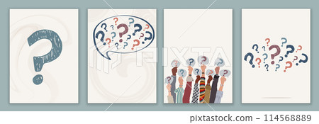 Poster - template or brochure with Raised hands of people holding a speech bubble with a hand-drawn question mark symbol. Concept of choice - problem - question -doubt - or query. FAQ 114568889
