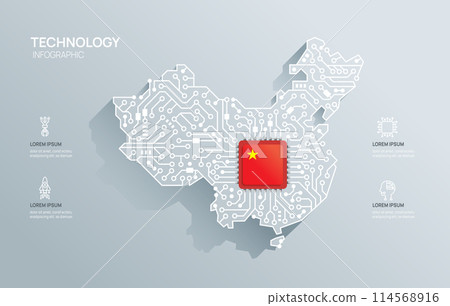 Circuit chip board semiconductor technology infographic. infograph circuit board china map shape concept background. Vector illustration. Circuit chip board semiconductor technology infographic. infograph circuit board china map shape concept background. Vector illustration. 114568916