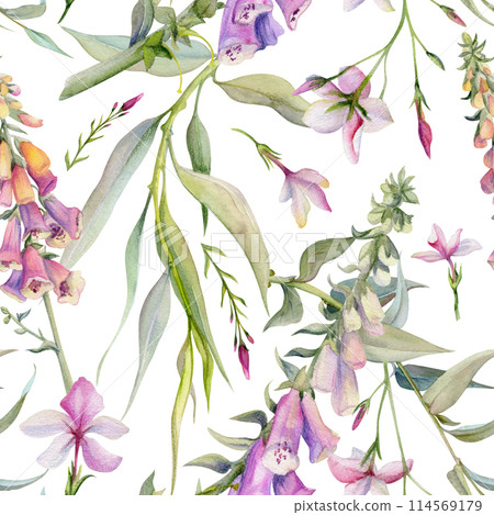 Hand drawn watercolor illustration boho botanical flowers leaves. Foxglove snapdragon lupin, willow eucalyptus, pink lobelia jasmine. Seamless pattern isolated on white. Design wedding, love cards 114569179
