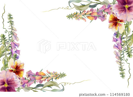 Hand drawn watercolor illustration botanical flowers leaves. Foxglove snapdragon lupin, mauve pansy viola, willow eucalyptus branches, columbine. Frame isolated on white. Design wedding, love cards Hand drawn watercolor illustration botanical flowers leaves. Foxglove snapdragon lupin, mauve pansy viola, willow eucalyptus branches, columbine. Frame isolated on white. Design wedding, love cards 114569180