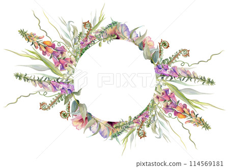 Hand drawn watercolor illustration botanical flowers leaves. Willow eucalyptus branch, tendrils, fern shoots, foxglove snapdragon lupin. Wreath isolated on white background. Design wedding, love cards 114569181