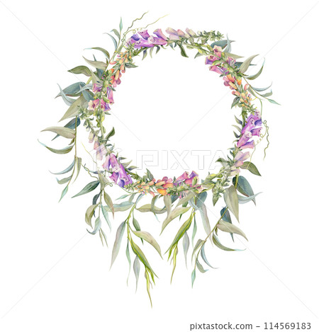 Hand drawn watercolor illustration shabby boho botanical flowers leaves. Willow eucalyptus branch, foxglove snapdragon lupin. Wreath frame isolated on white background. Design wedding, love cards Hand drawn watercolor illustration shabby boho botanical flowers leaves. Willow eucalyptus branch, foxglove snapdragon lupin. Wreath frame isolated on white background. Design wedding, love cards 114569183